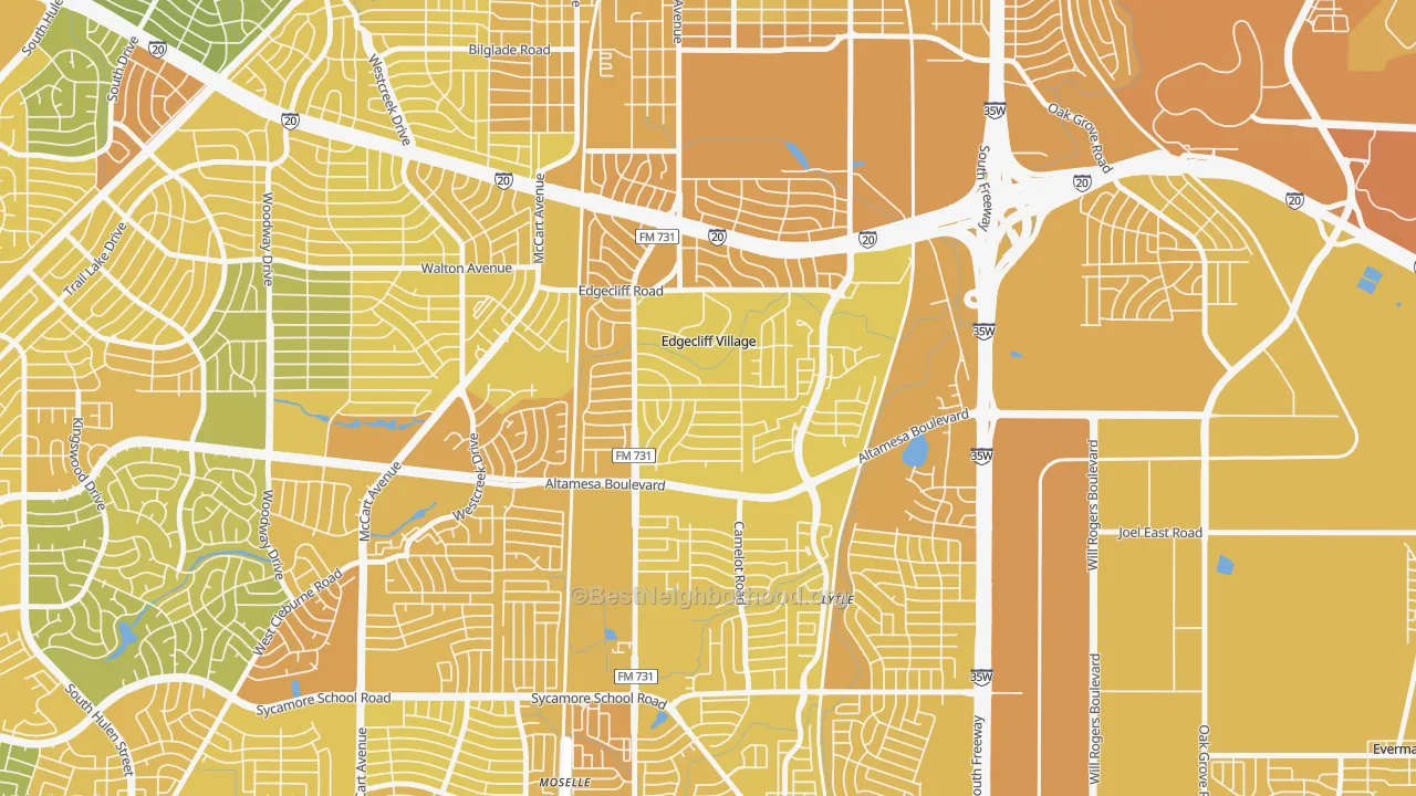 Map of the best neighborhoods in the Edgecliff Village area, with better matches in green and worse matches in red