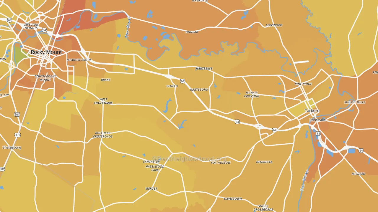 Map of the best neighborhoods in the Edgecombe County area, with better matches in green and worse matches in red