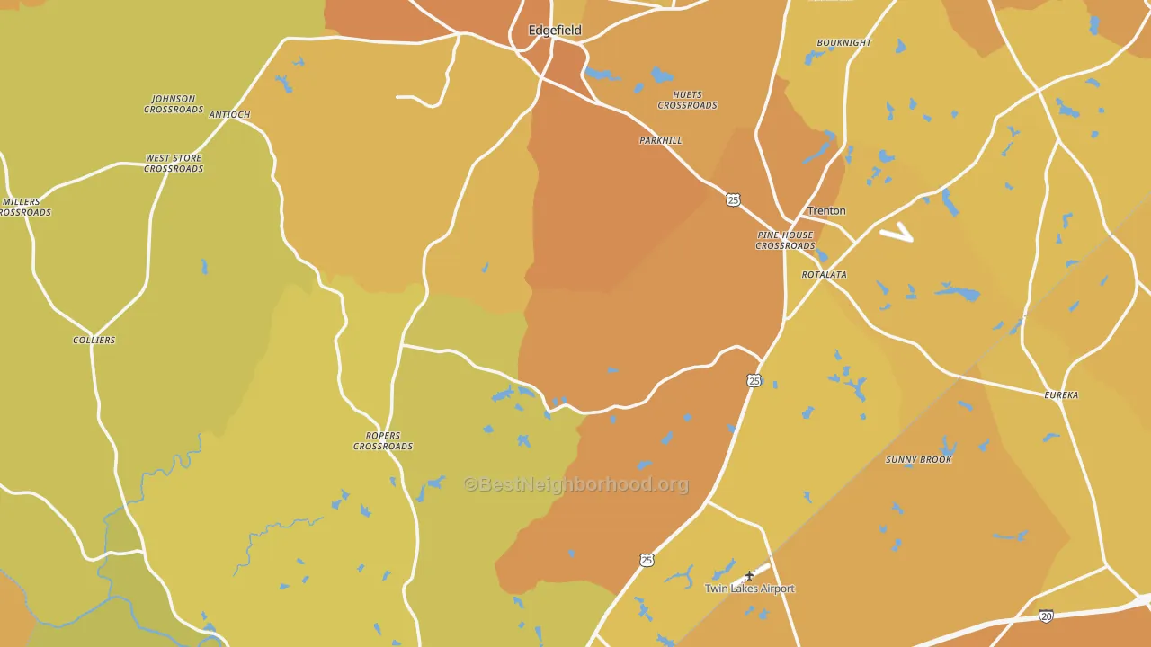Map of the best neighborhoods in the Edgefield County area, with better matches in green and worse matches in red