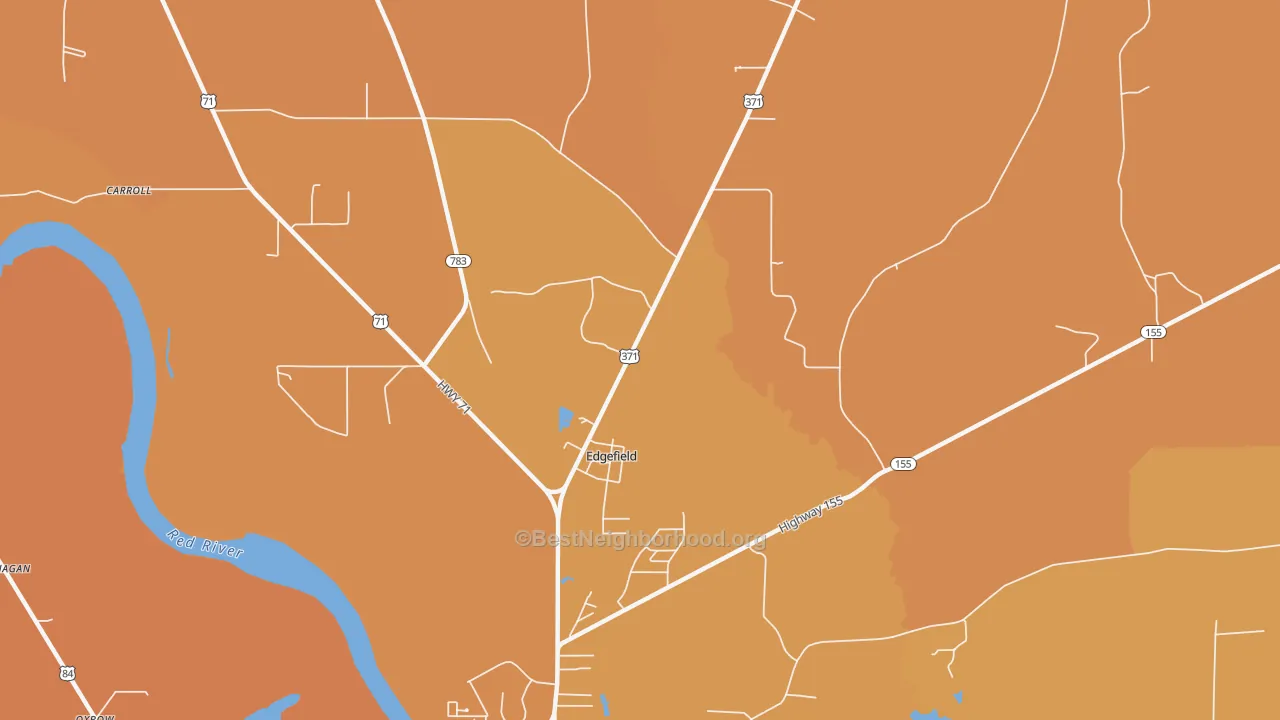Map of the best neighborhoods in the Edgefield area, with better matches in green and worse matches in red