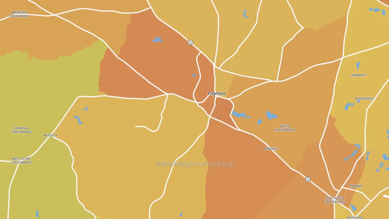 Map of the best neighborhoods in the Edgefield area, with better matches in green and worse matches in red