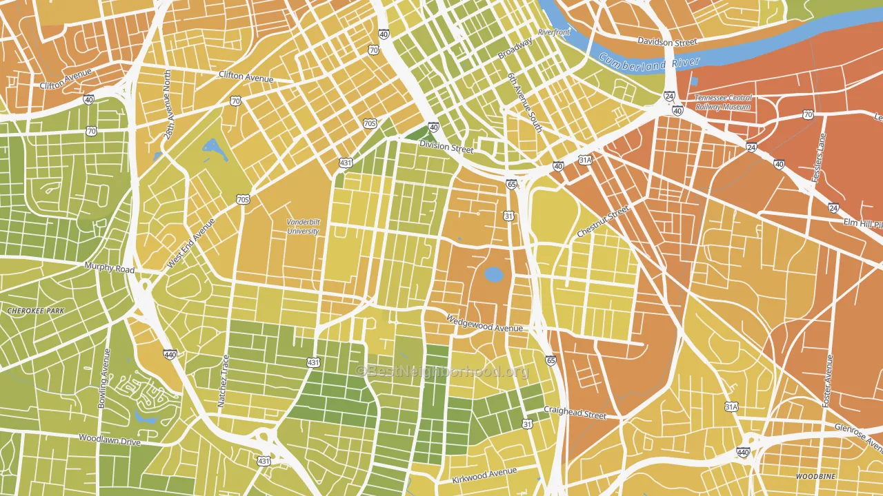 Map of the best neighborhoods in the Edgehill, Nashville area, with better matches in green and worse matches in red