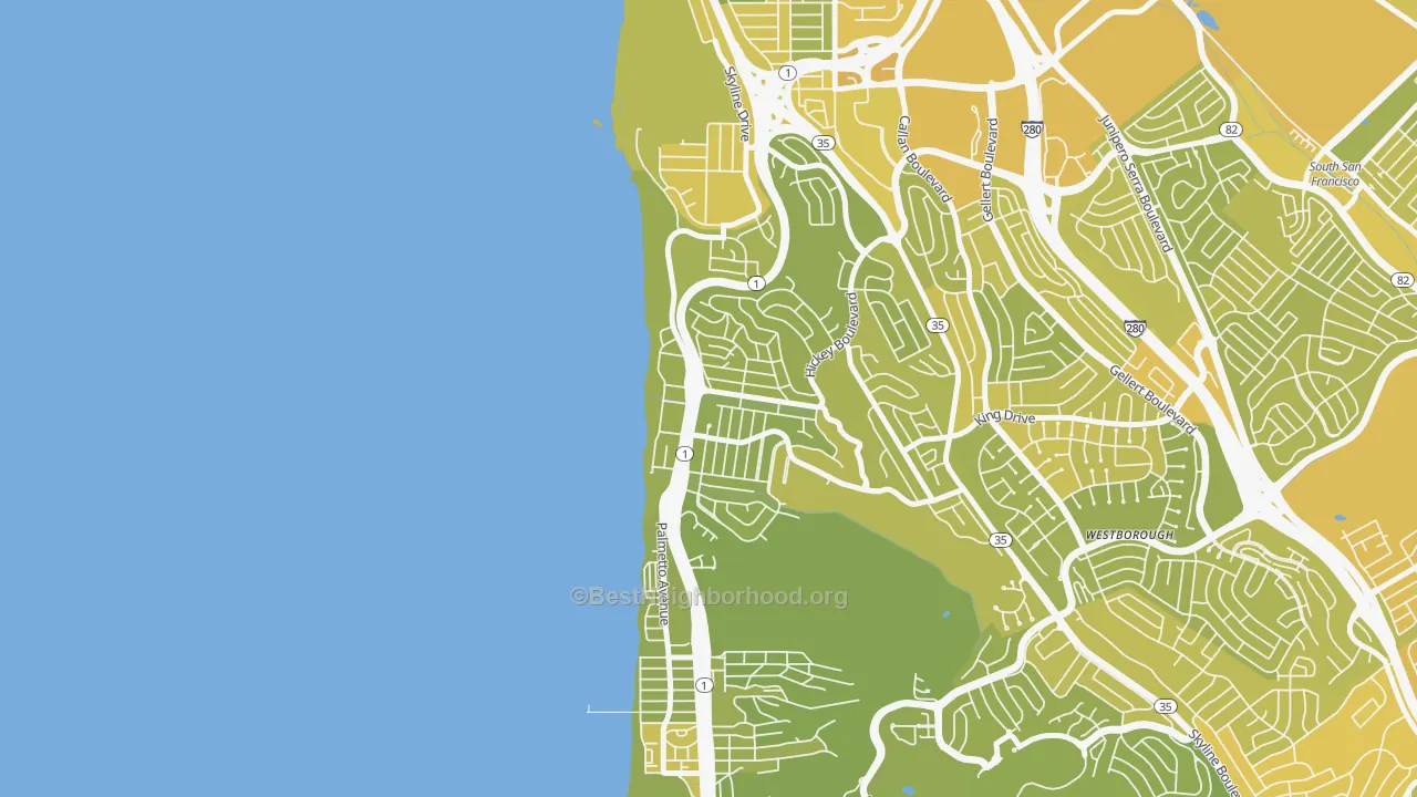 Map of the best neighborhoods in the Edgemar-Pacific Manor, Pacifica area, with better matches in green and worse matches in red
