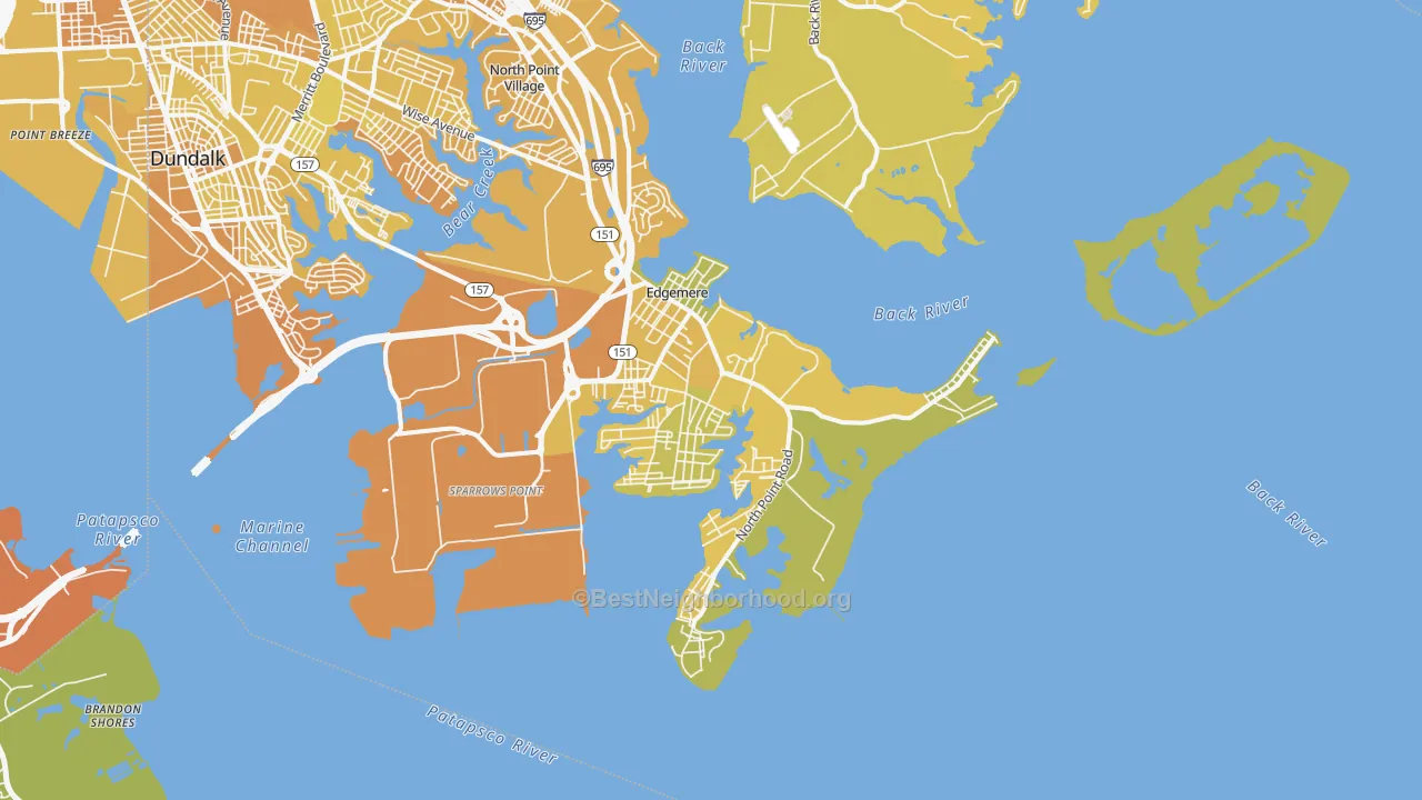 Map of the best neighborhoods in the Edgemere area, with better matches in green and worse matches in red