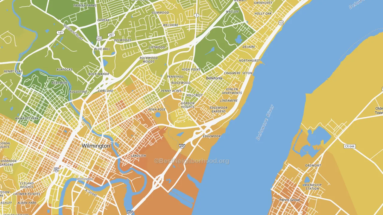 Map of the best neighborhoods in the Edgemoor area, with better matches in green and worse matches in red