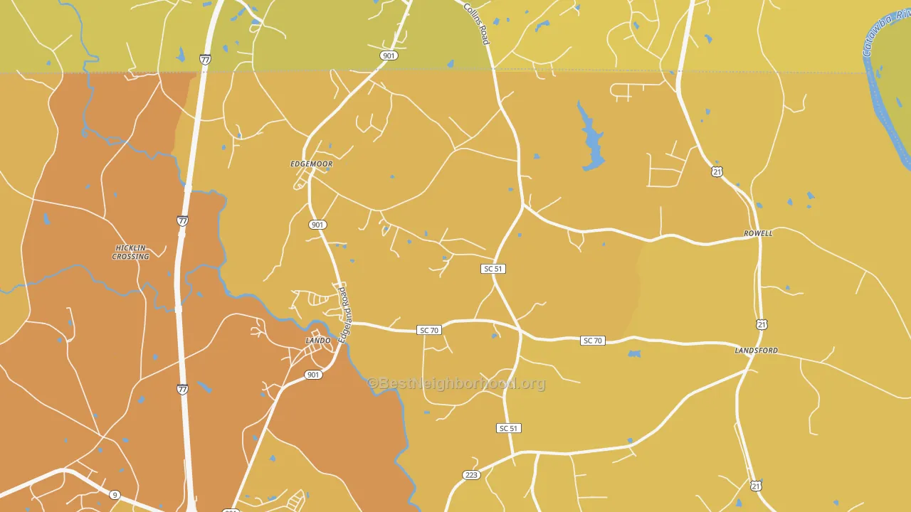 Map of the best neighborhoods in the Edgemoor area, with better matches in green and worse matches in red