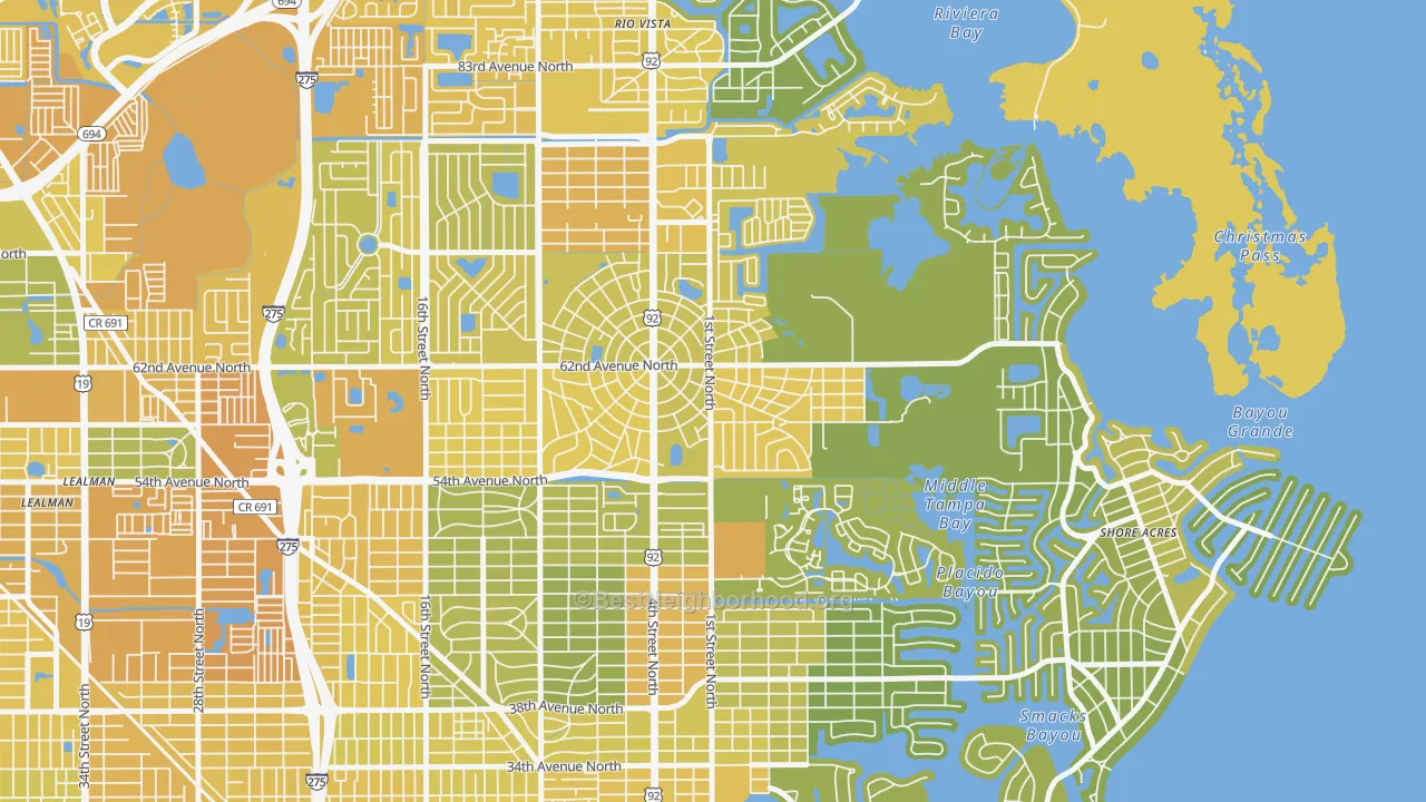 Map of the best neighborhoods in the Edgemoor, St. Petersburg area, with better matches in green and worse matches in red