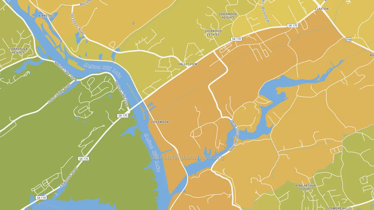 Map of the best neighborhoods in the Edgemoor area, with better matches in green and worse matches in red