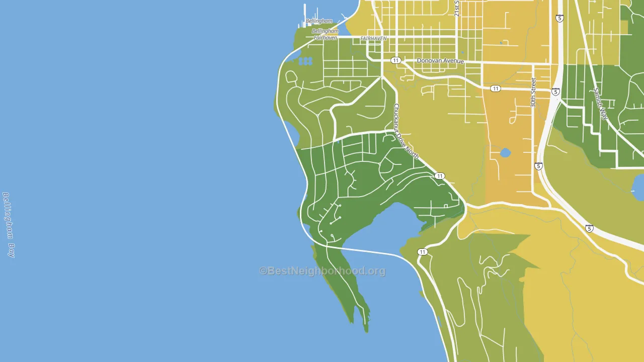 Map of the best neighborhoods in the Edgemoor area, with better matches in green and worse matches in red