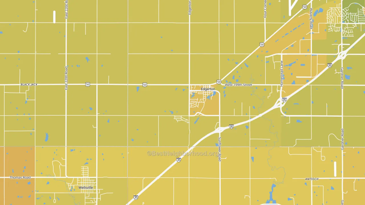 Map of the best neighborhoods in the Edgerton area, with better matches in green and worse matches in red