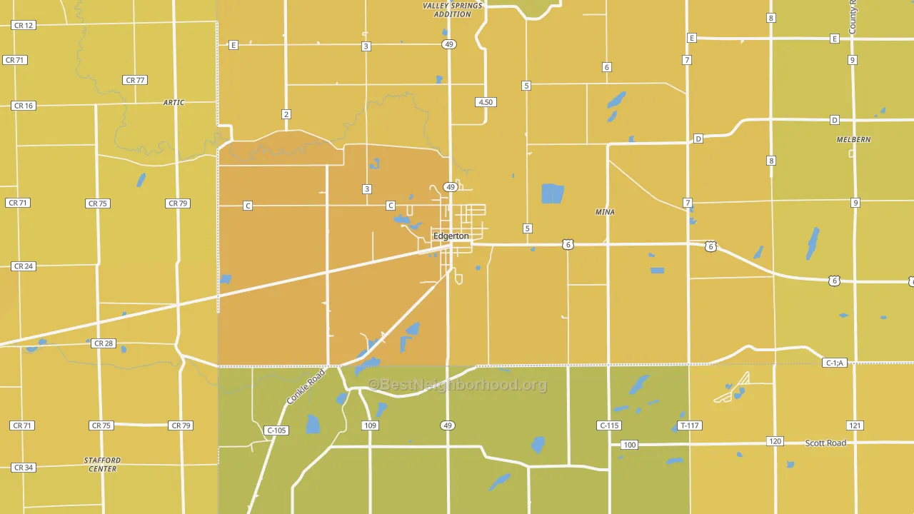 Map of the best neighborhoods in the Edgerton area, with better matches in green and worse matches in red
