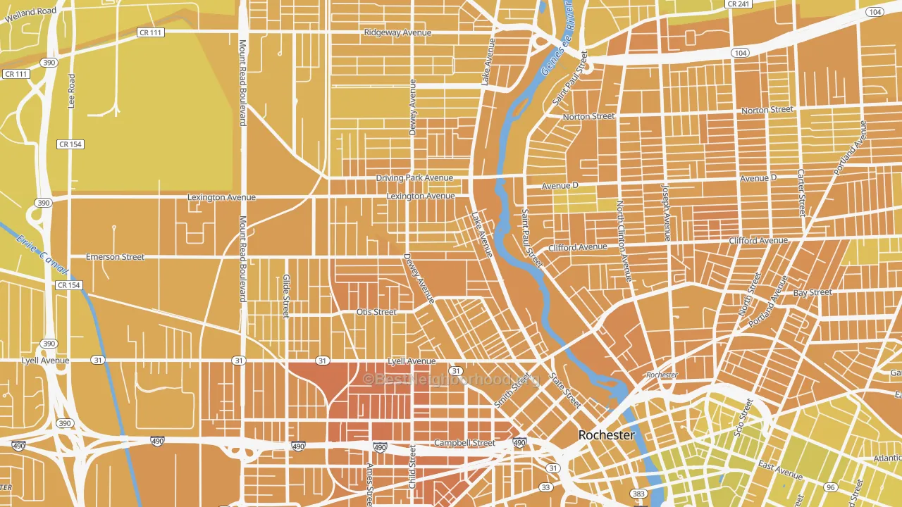 Map of the best neighborhoods in the Edgerton, Rochester area, with better matches in green and worse matches in red