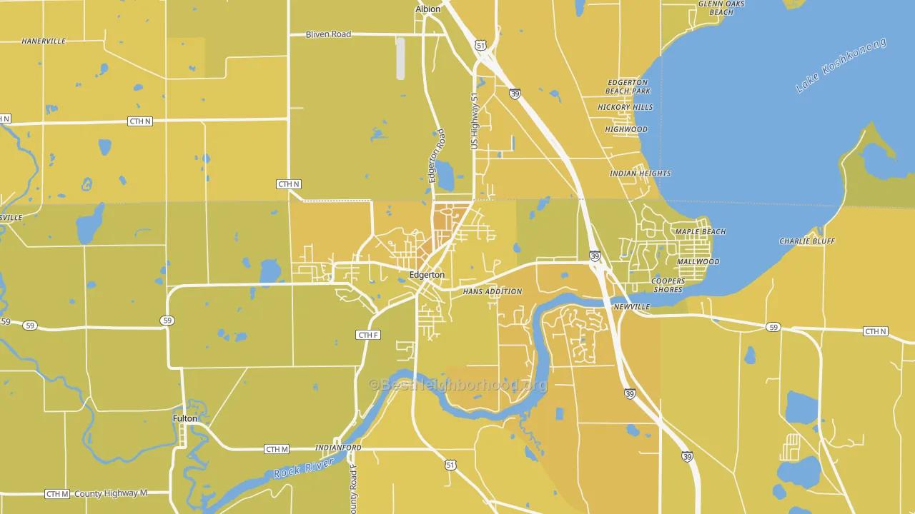 Map of the best neighborhoods in the Edgerton area, with better matches in green and worse matches in red