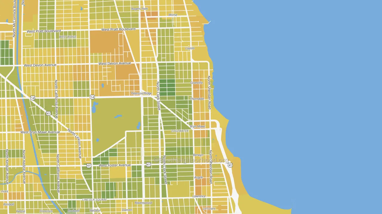 Map of the best neighborhoods in the Edgewater, Chicago area, with better matches in green and worse matches in red