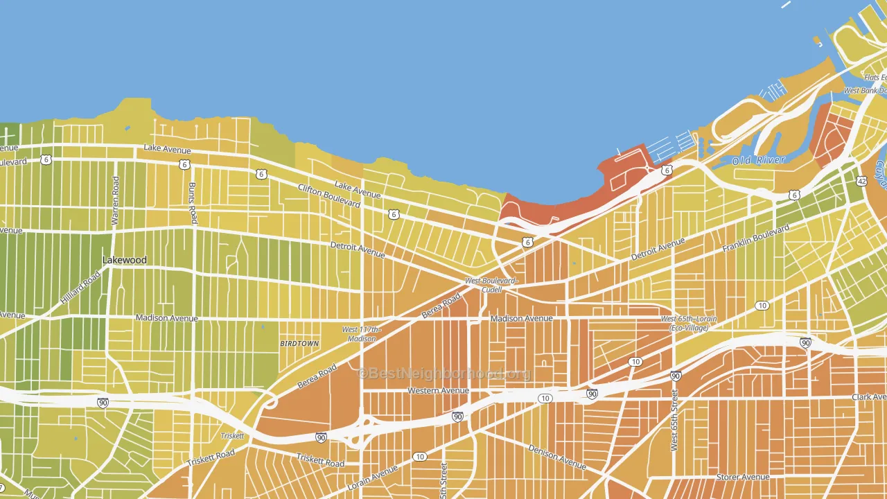 Map of the best neighborhoods in the Edgewater, Cleveland area, with better matches in green and worse matches in red