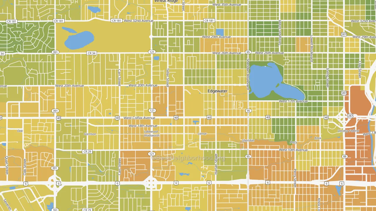 Map of the best neighborhoods in the Edgewater area, with better matches in green and worse matches in red
