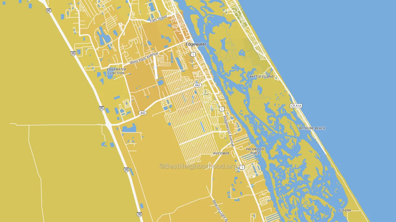 Map of the best neighborhoods in the Edgewater area, with better matches in green and worse matches in red