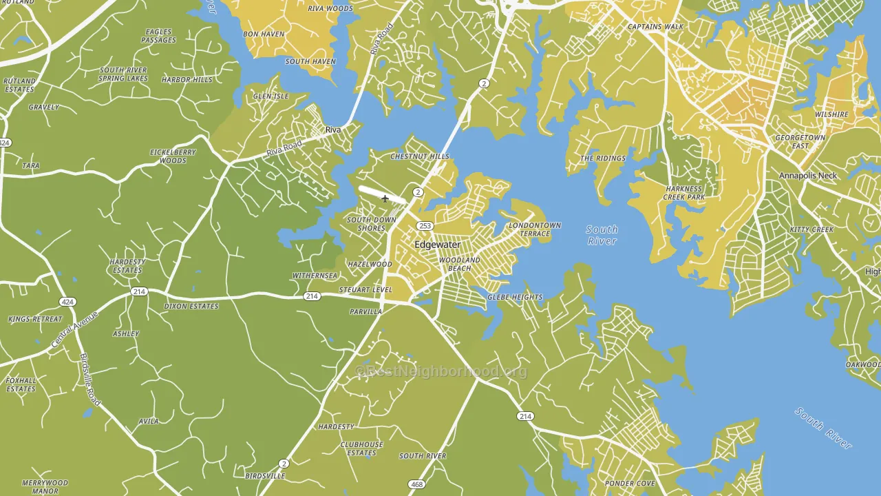 Map of the best neighborhoods in the Edgewater area, with better matches in green and worse matches in red