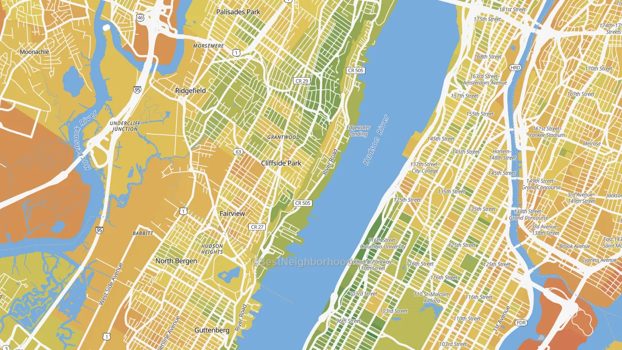 Map of the best neighborhoods in the Edgewater area, with better matches in green and worse matches in red