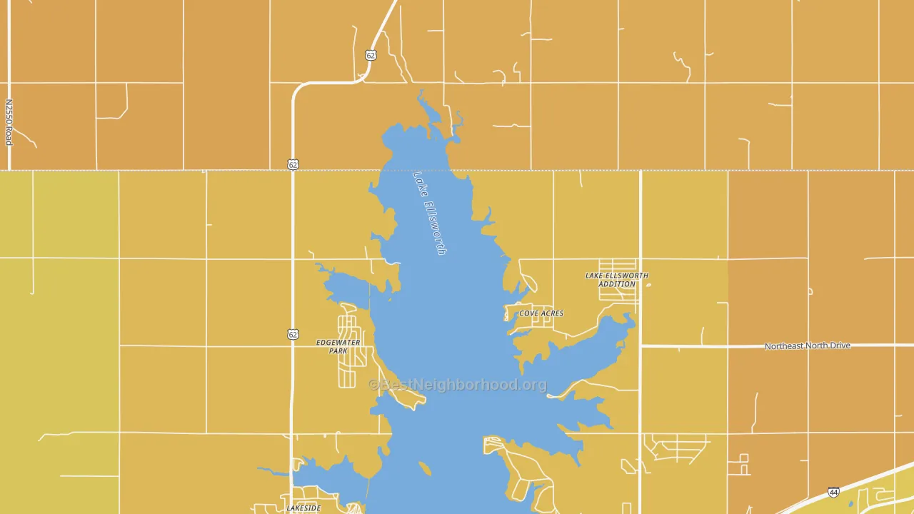 Map of the best neighborhoods in the Edgewater Park area, with better matches in green and worse matches in red