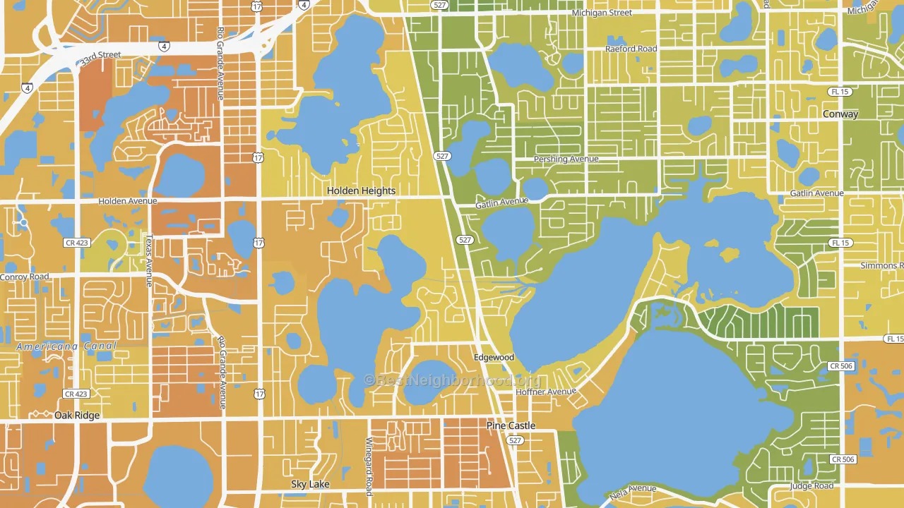 Map of the best neighborhoods in the Edgewood area, with better matches in green and worse matches in red