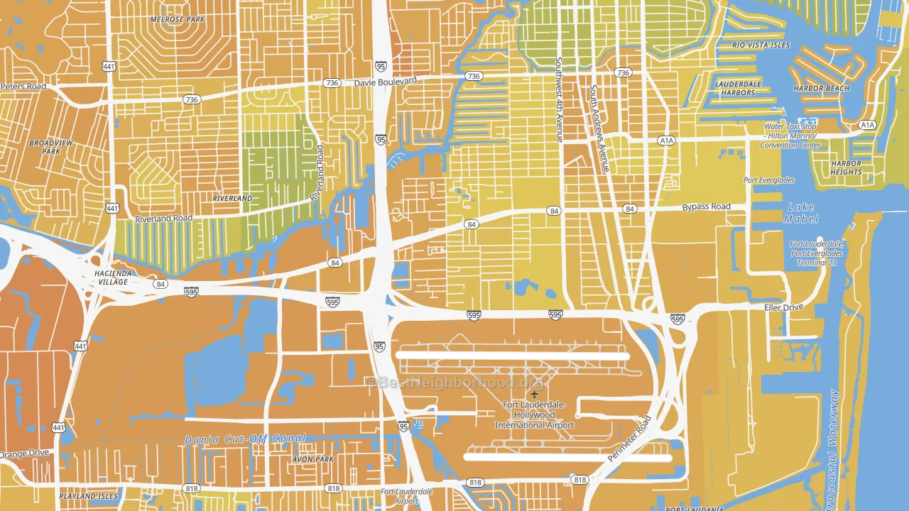 Map of the best neighborhoods in the Edgewood, Fort Lauderdale area, with better matches in green and worse matches in red