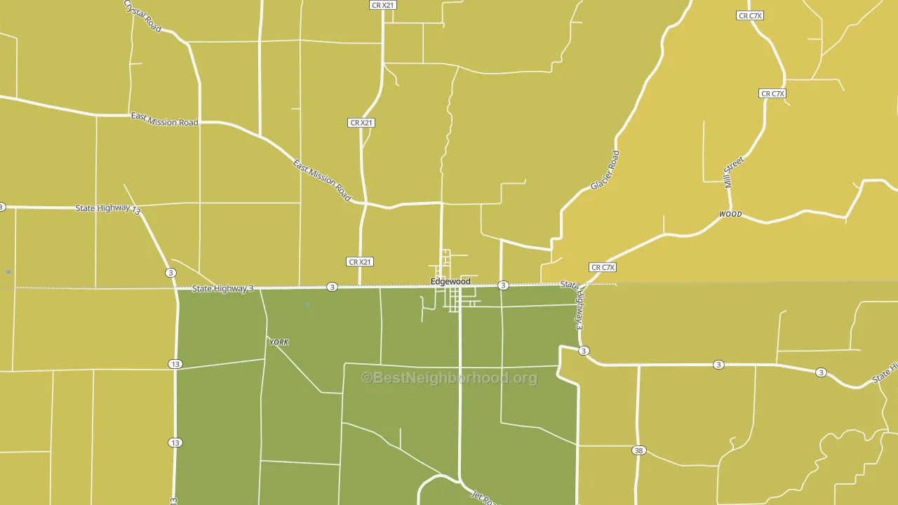 Map of the best neighborhoods in the Edgewood area, with better matches in green and worse matches in red