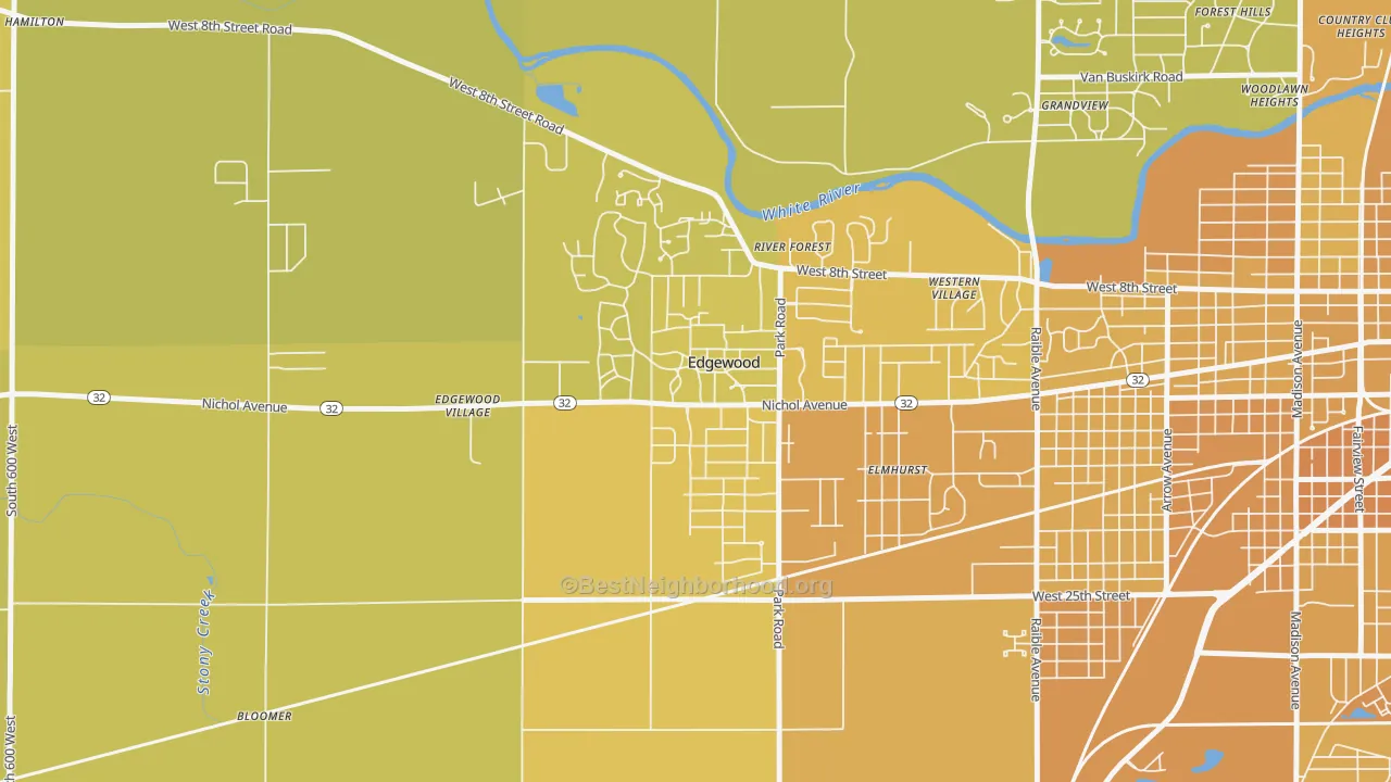 Map of the best neighborhoods in the Edgewood area, with better matches in green and worse matches in red