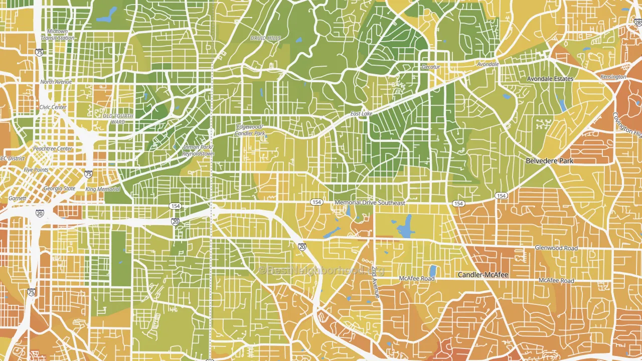 Map of the best neighborhoods in the Edgewood-Kirkwood, Atlanta area, with better matches in green and worse matches in red