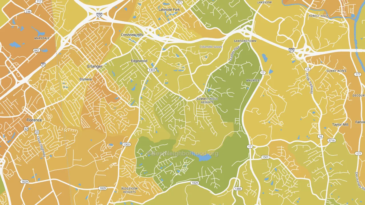 Map of the best neighborhoods in the Edgewood area, with better matches in green and worse matches in red