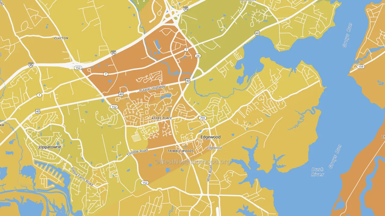 Map of the best neighborhoods in the Edgewood area, with better matches in green and worse matches in red