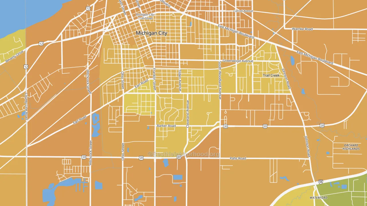 Map of the best neighborhoods in the Edgewood, Michigan City area, with better matches in green and worse matches in red