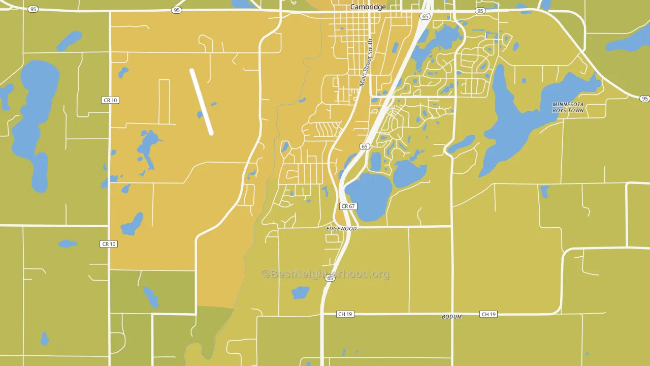 Map of the best neighborhoods in the Edgewood area, with better matches in green and worse matches in red