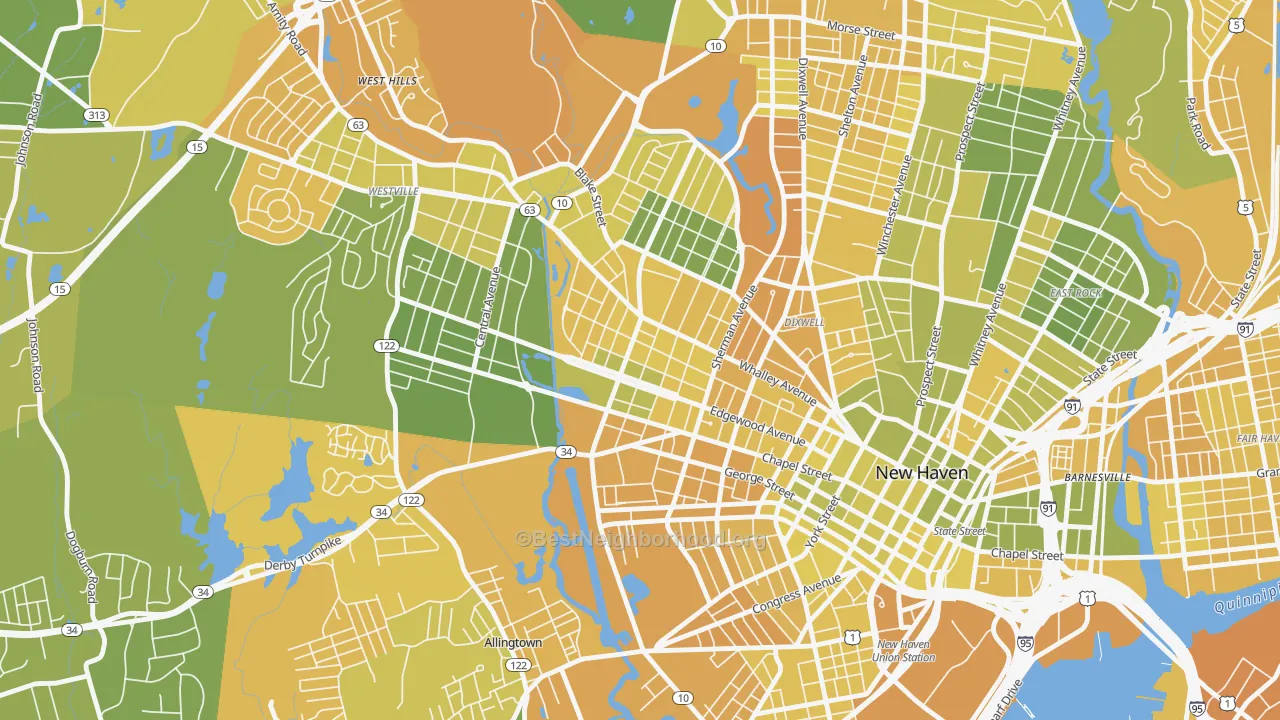 Map of the best neighborhoods in the Edgewood, New Haven area, with better matches in green and worse matches in red