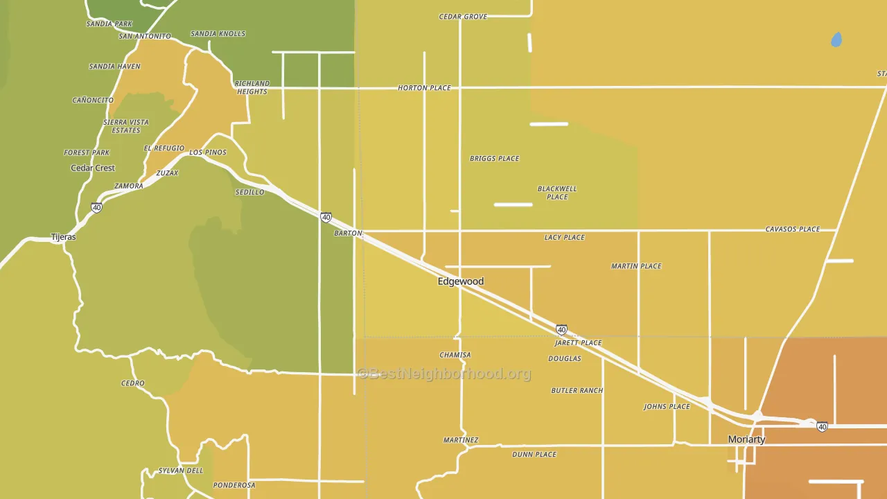Map of the best neighborhoods in the Edgewood area, with better matches in green and worse matches in red