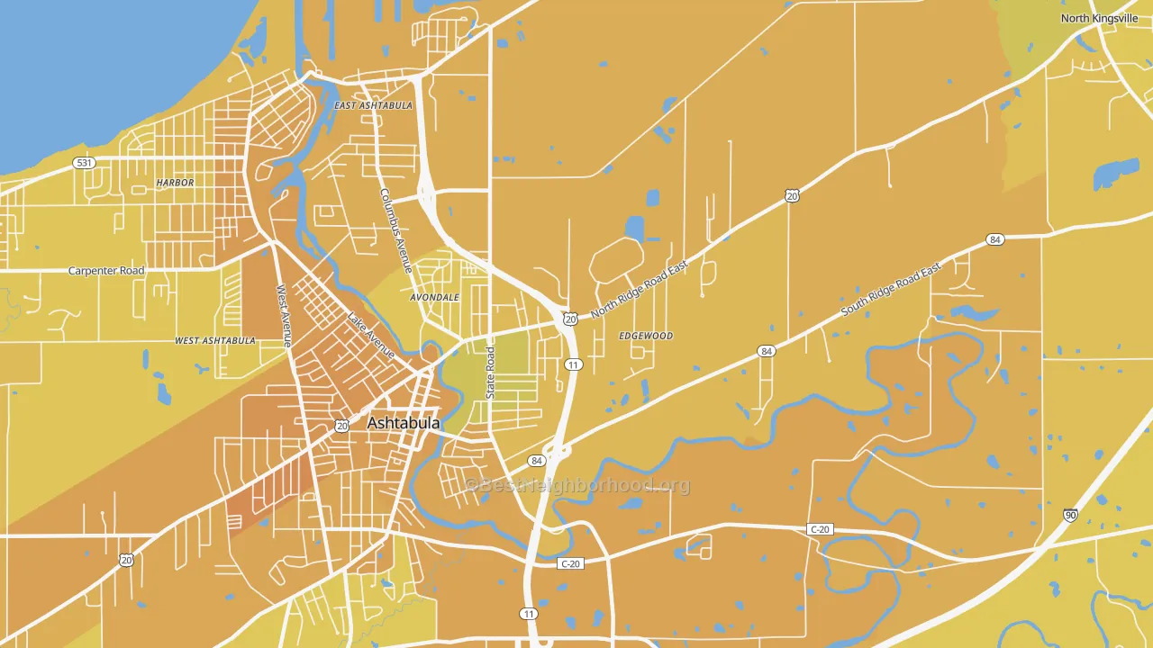Map of the best neighborhoods in the Edgewood area, with better matches in green and worse matches in red