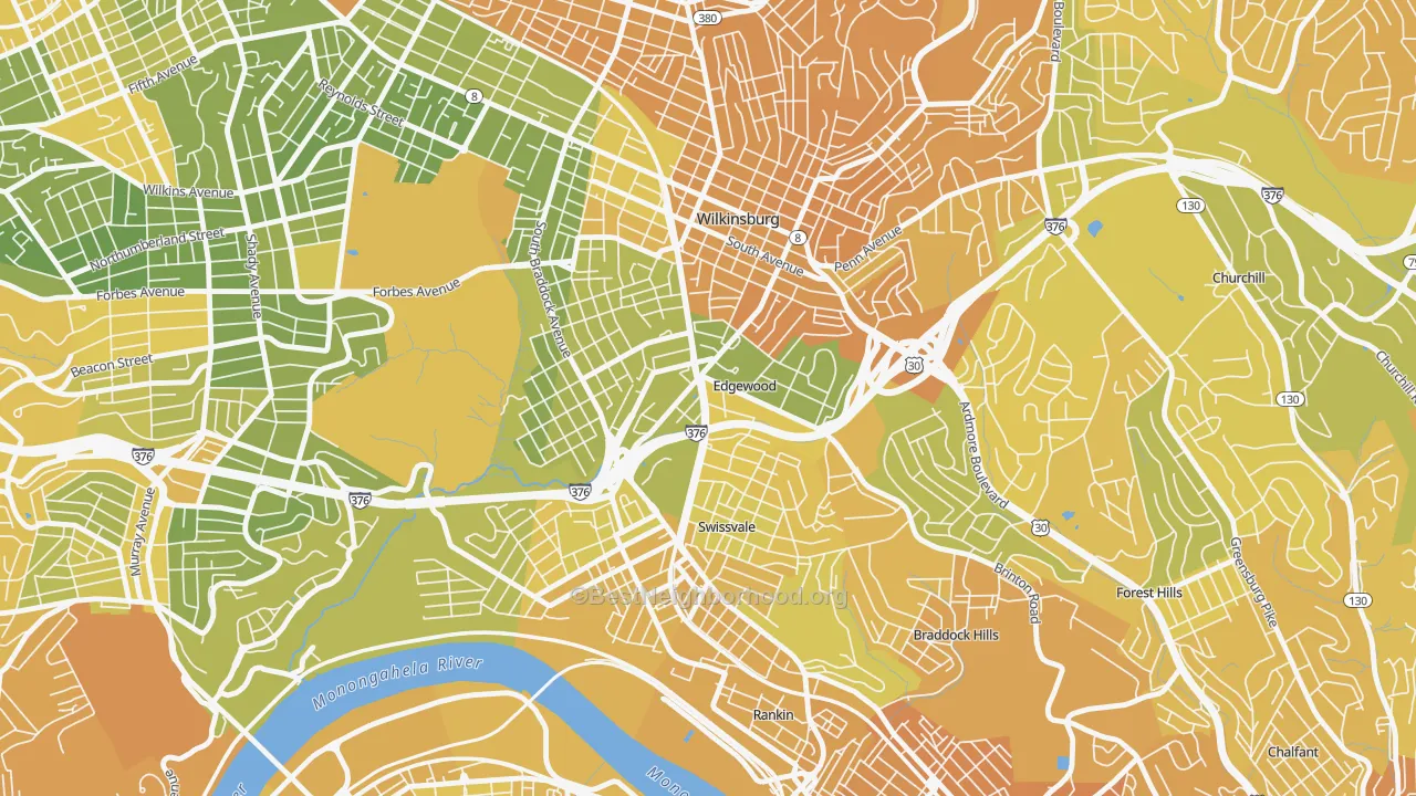 Map of the best neighborhoods in the Edgewood area, with better matches in green and worse matches in red