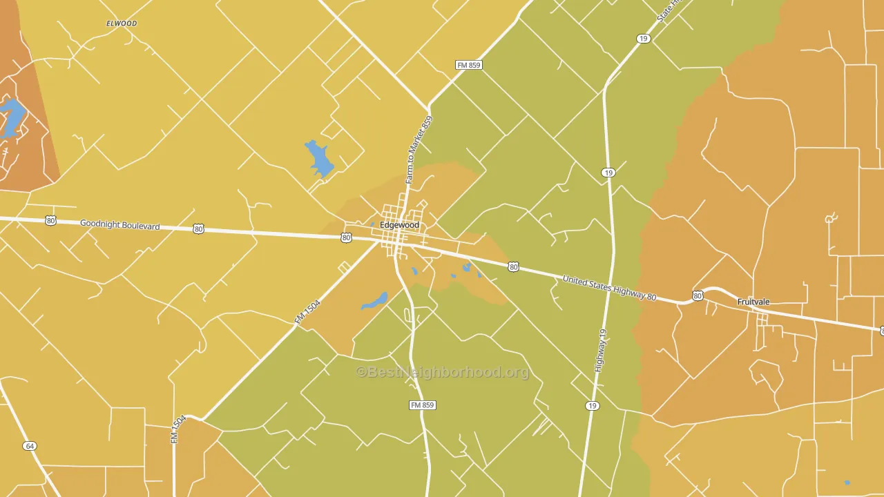 Map of the best neighborhoods in the Edgewood area, with better matches in green and worse matches in red
