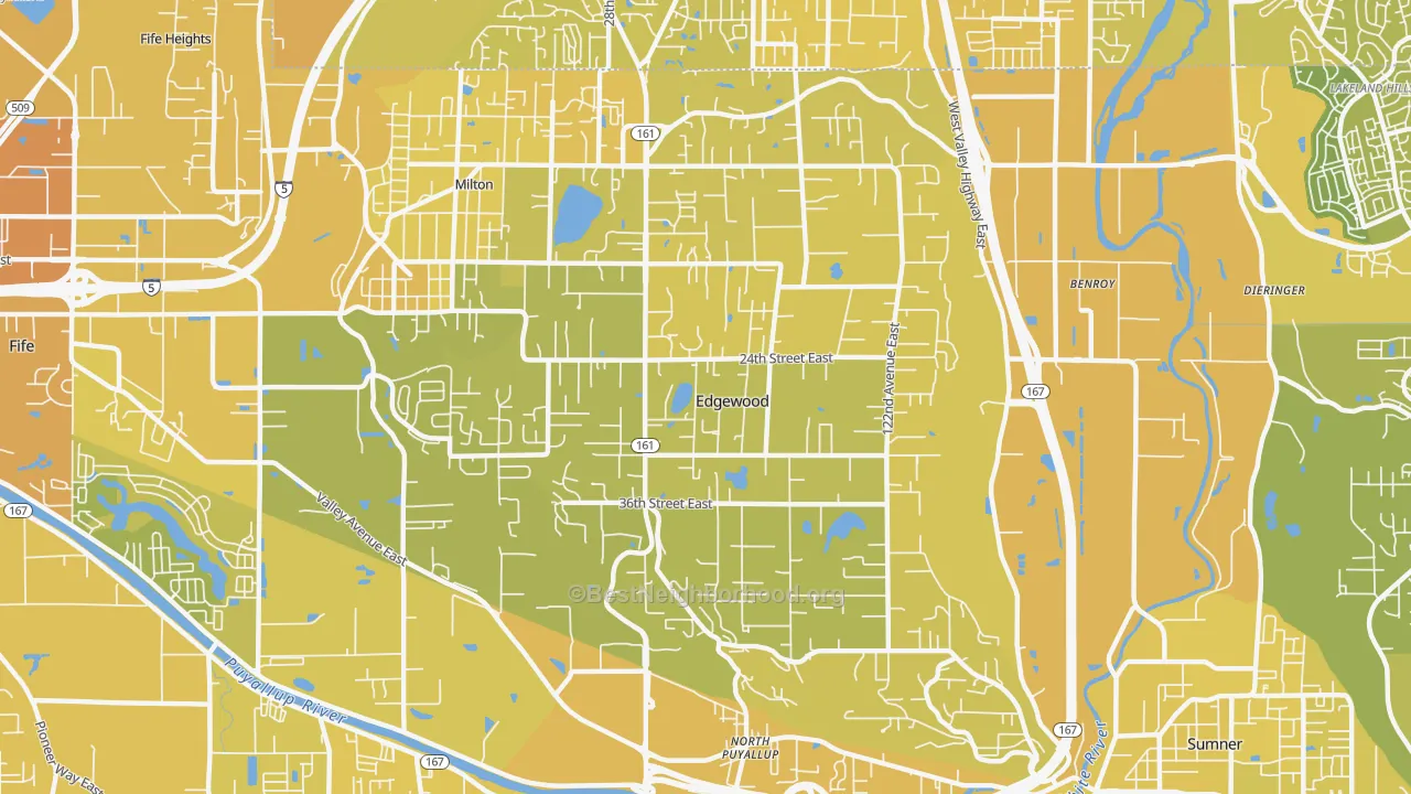Map of the best neighborhoods in the Edgewood area, with better matches in green and worse matches in red