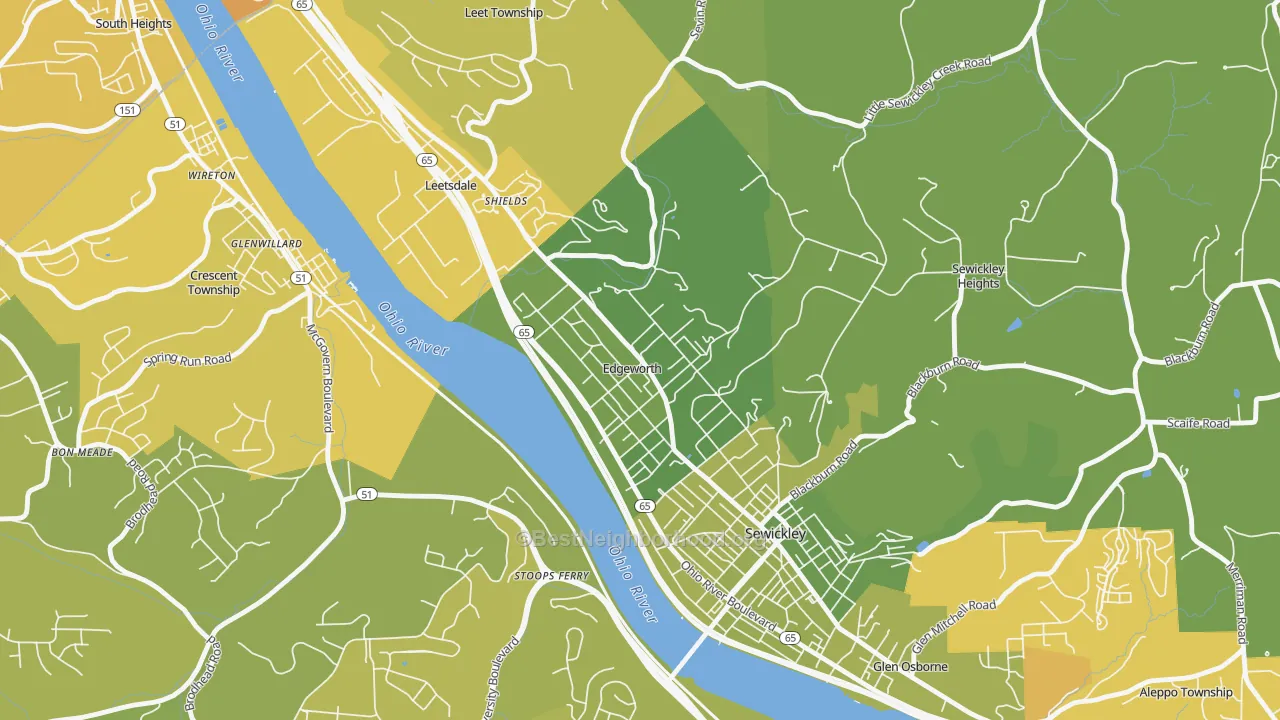 Map of the best neighborhoods in the Edgeworth area, with better matches in green and worse matches in red