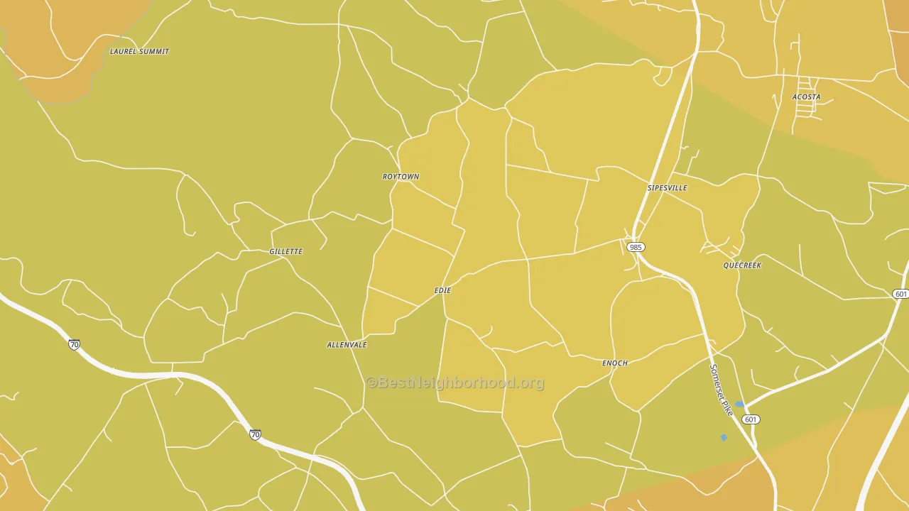 Map of the best neighborhoods in the Edie area, with better matches in green and worse matches in red