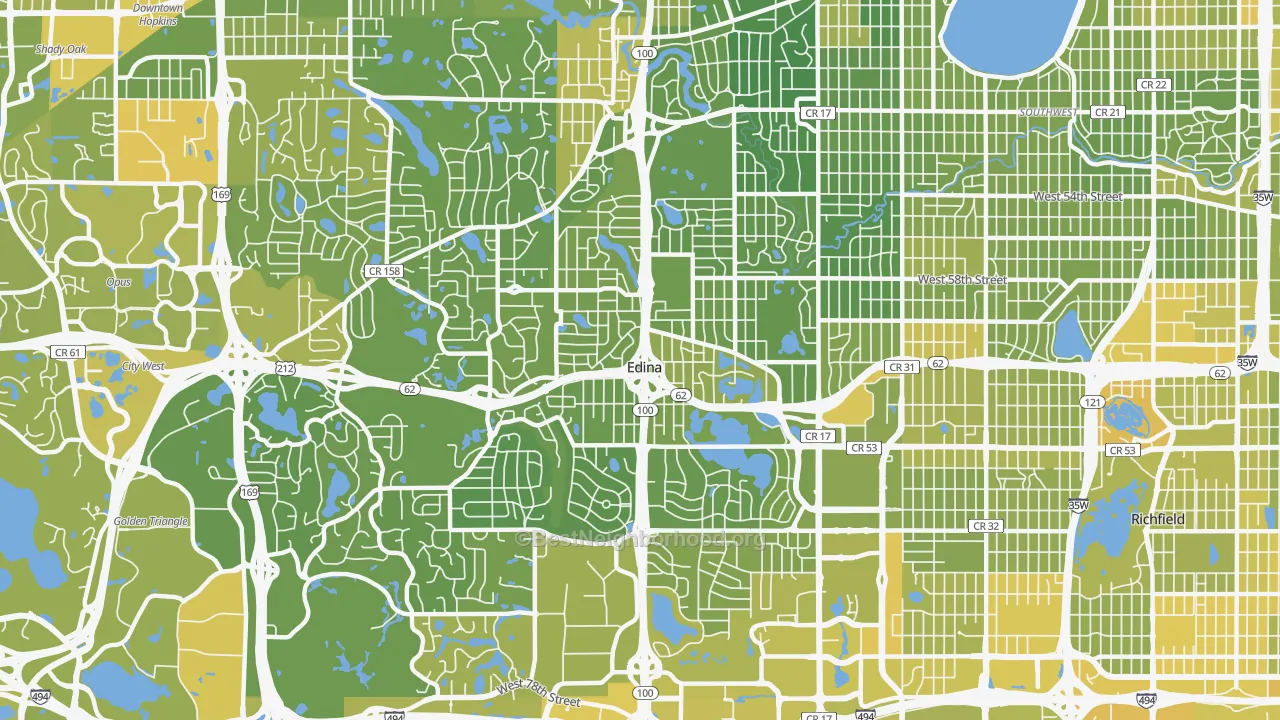 Map of the best neighborhoods in the Edina area, with better matches in green and worse matches in red