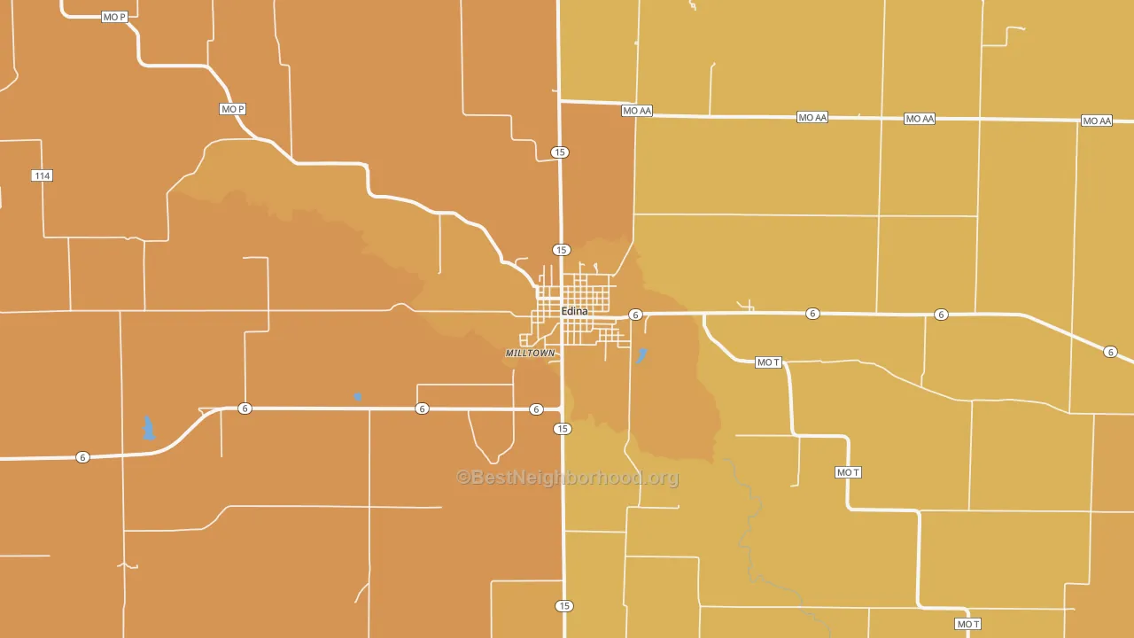 Map of the best neighborhoods in the Edina area, with better matches in green and worse matches in red