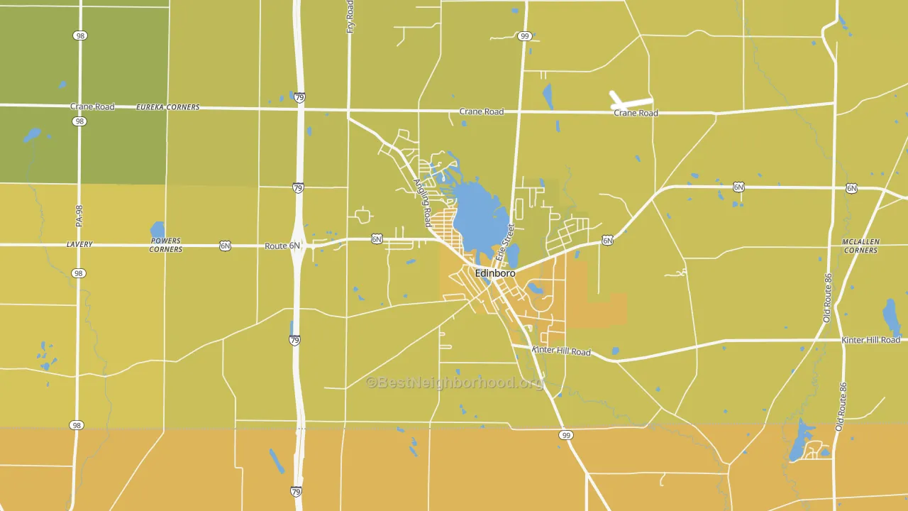 Map of the best neighborhoods in the Edinboro area, with better matches in green and worse matches in red