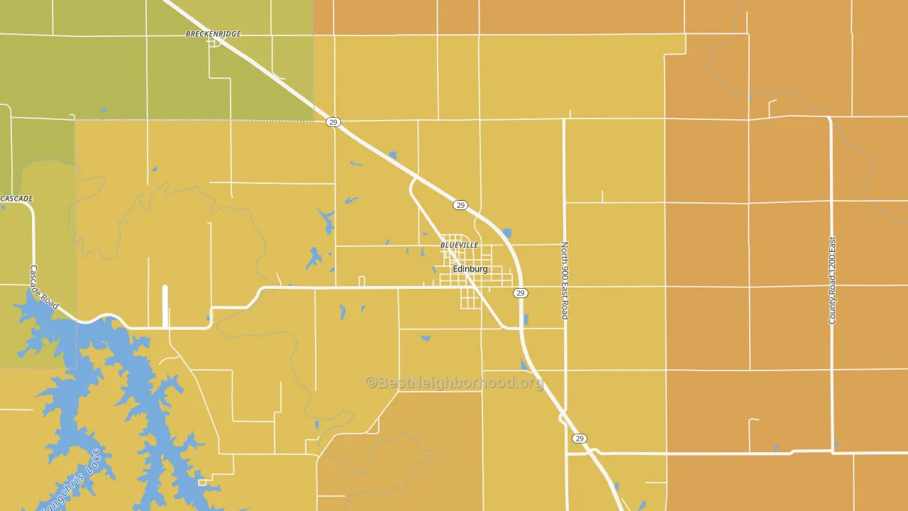 Map of the best neighborhoods in the Edinburg area, with better matches in green and worse matches in red