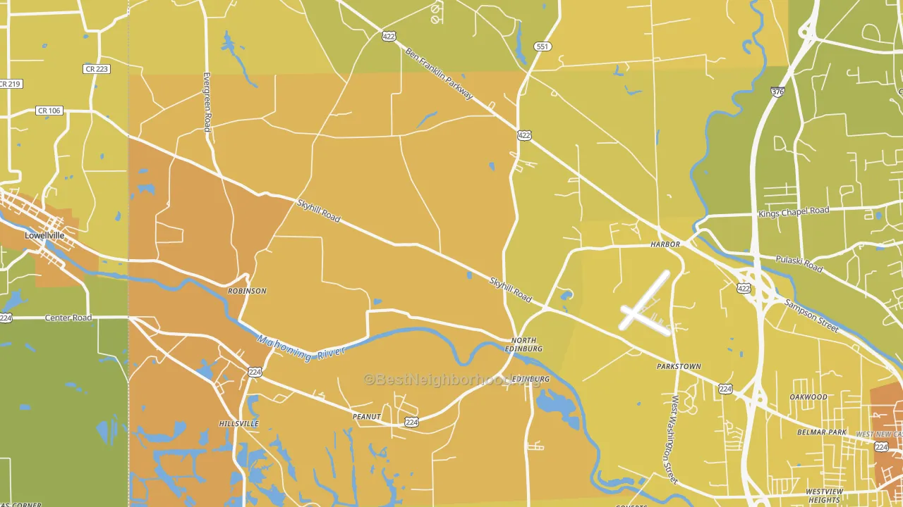 Map of the best neighborhoods in the Edinburg area, with better matches in green and worse matches in red