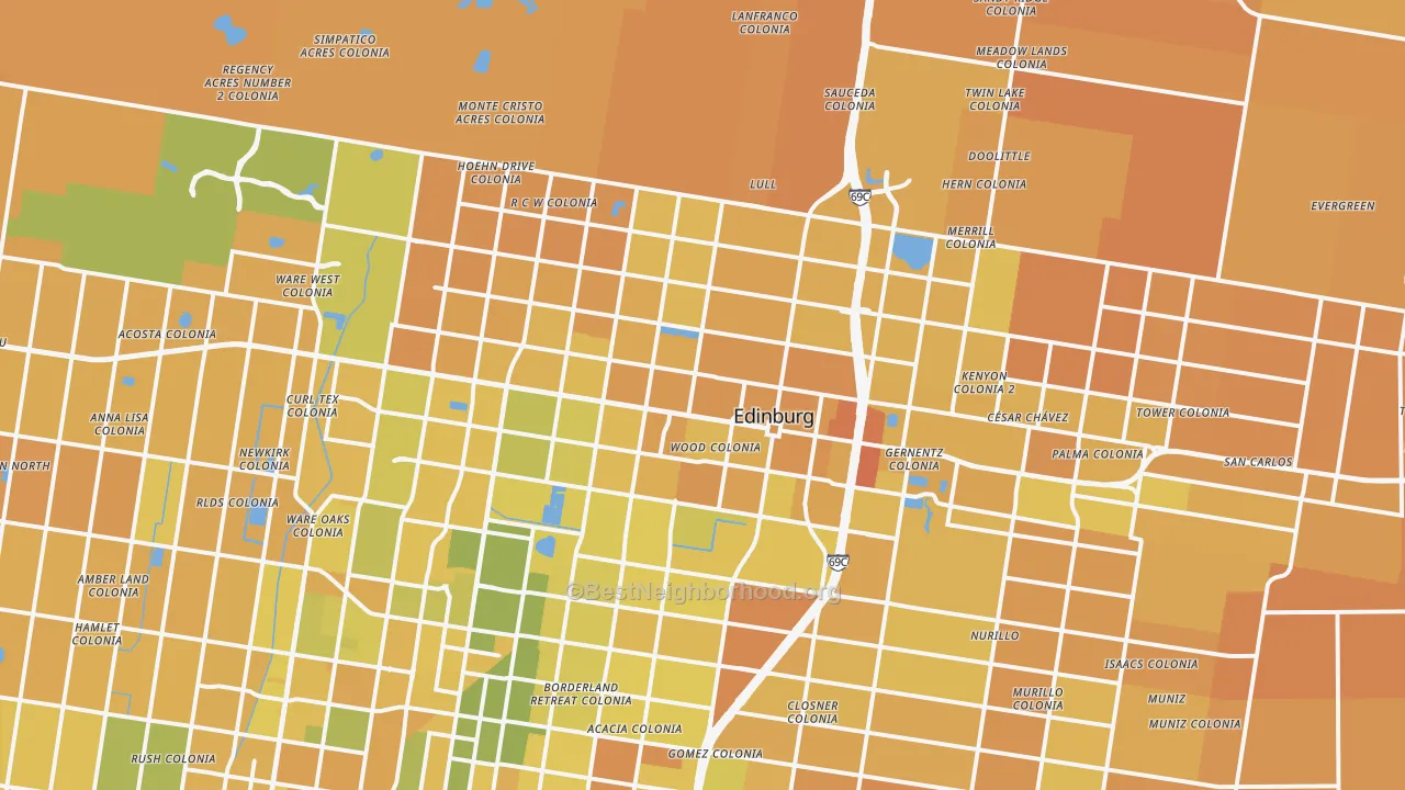 Map of the best neighborhoods in the Edinburg area, with better matches in green and worse matches in red
