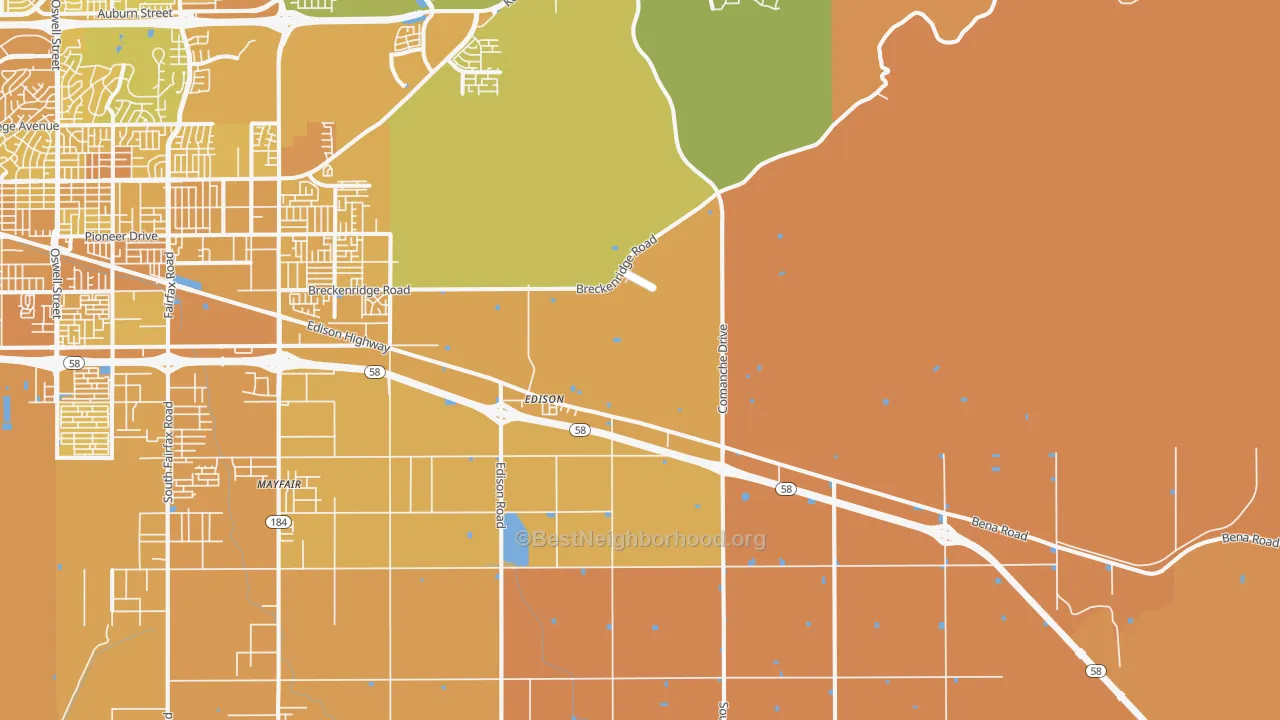 Map of the best neighborhoods in the Edison area, with better matches in green and worse matches in red