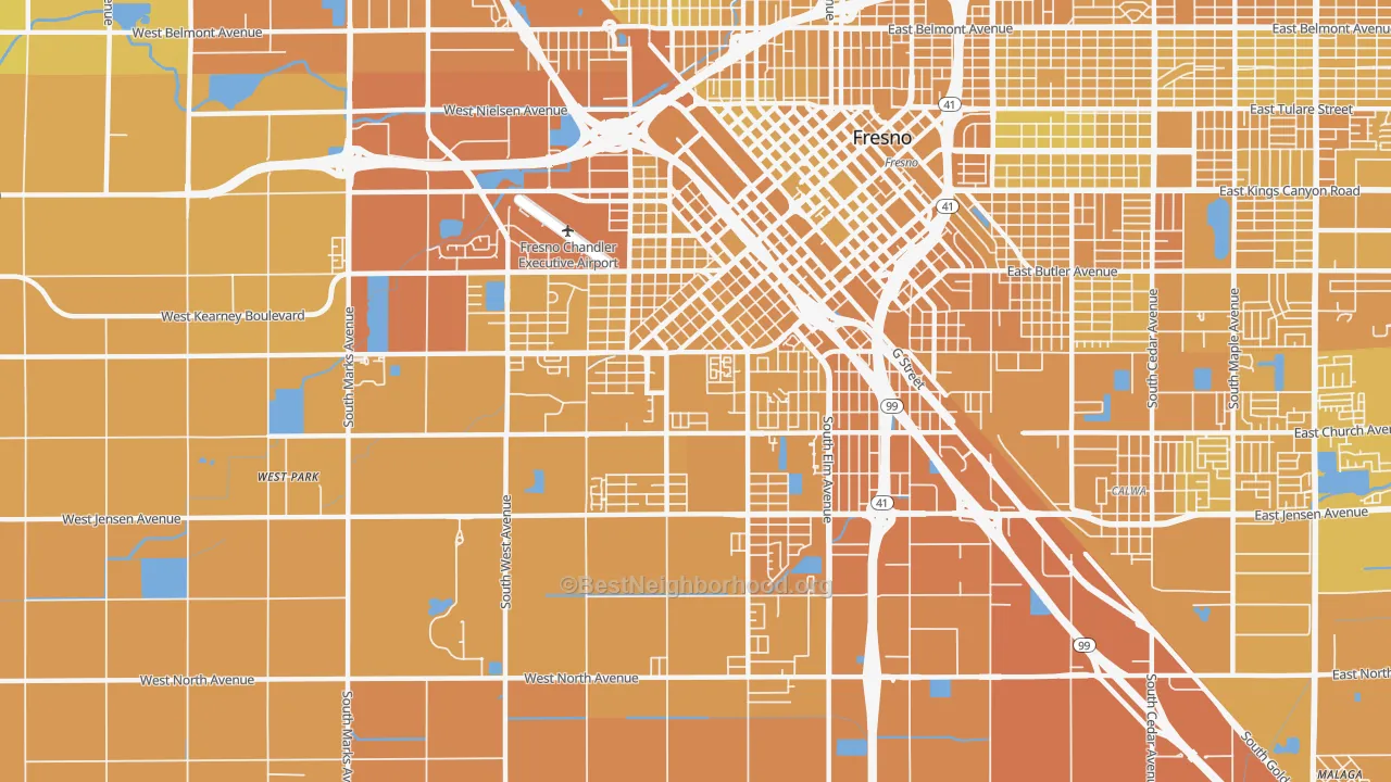 Map of the best neighborhoods in the Edison, Fresno area, with better matches in green and worse matches in red