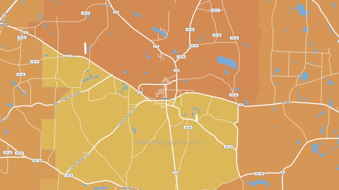 Map of the best neighborhoods in the Edison area, with better matches in green and worse matches in red